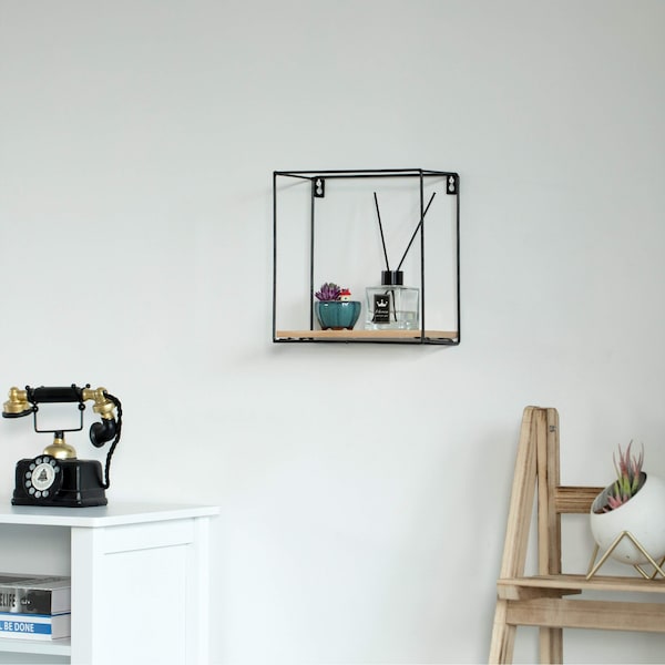 Rectangle, Wooden Board With Metal Frame Wall Mount Floating Shelf